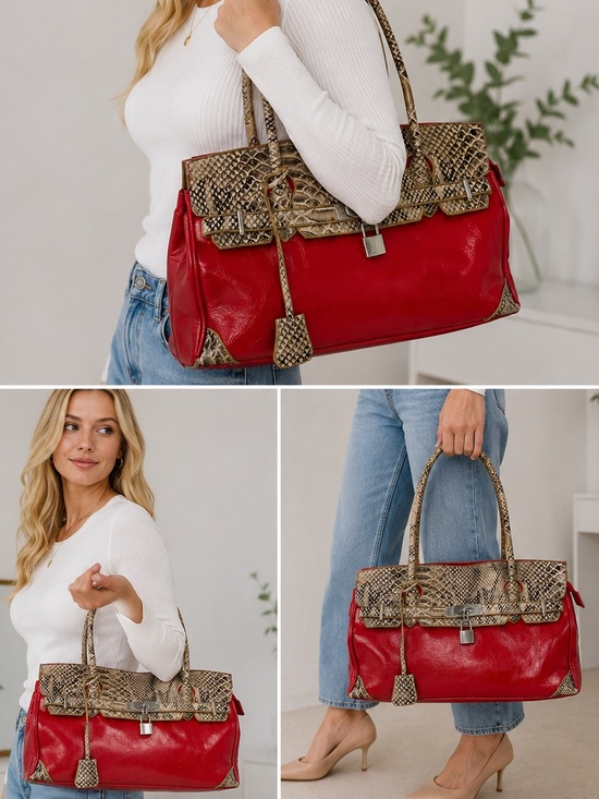 Bolma Handbags - Bolma Red & Snake Print Satchel Handbag